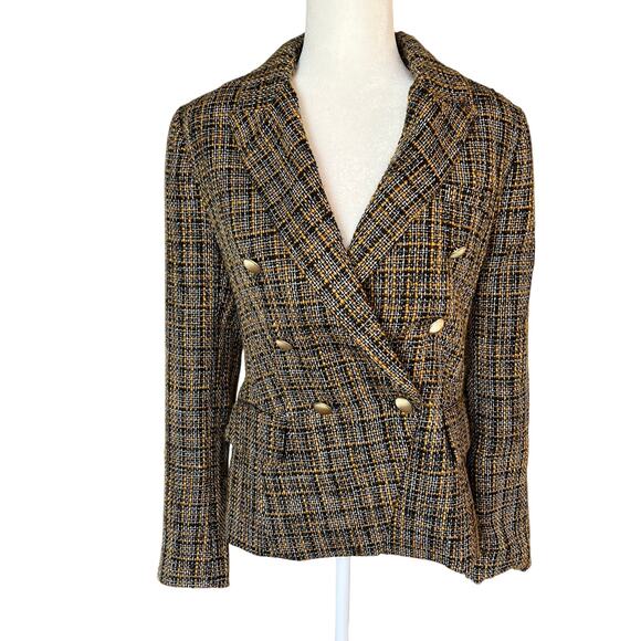 Elie Tahari Black Gold Plaid Tweed Double Breasted Blazer 8 Retro Glam Academia - Picture 1 of 8